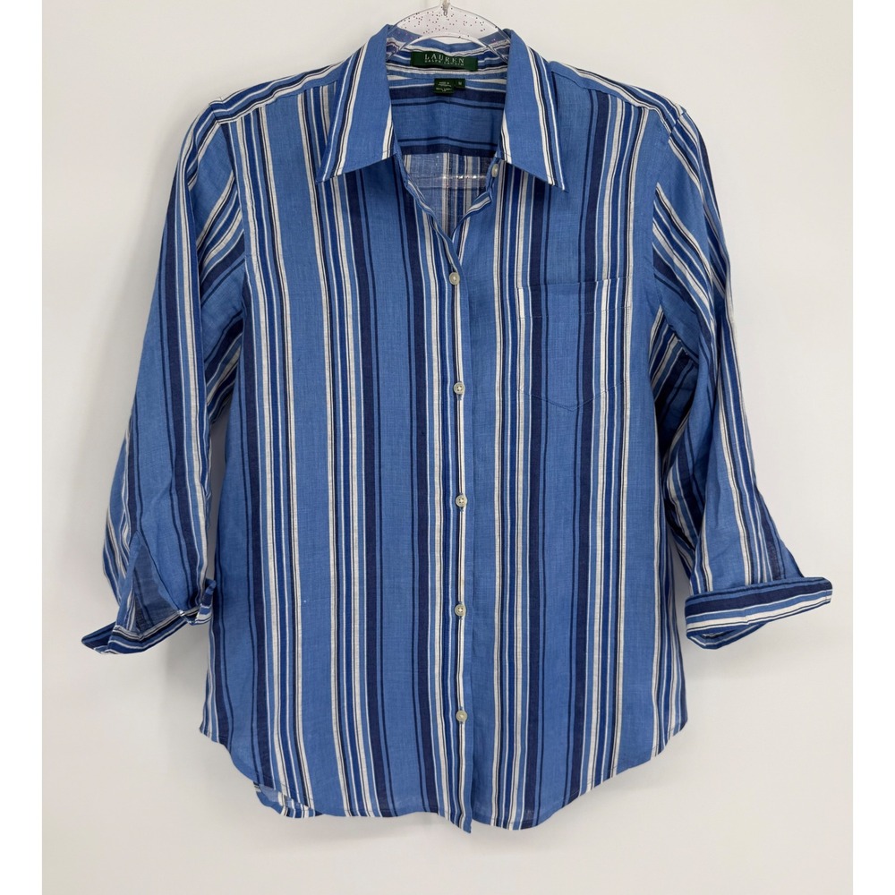 Lauren Ralph Lauren Blue White Striped Linen Button Down Shirt Womens Medium